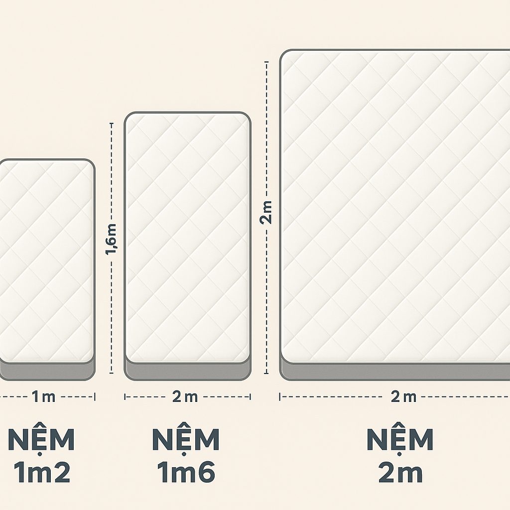 "So sánh kích thước nệm chuẩn 1m2, 1m6 và 2m với minh họa trực quan"